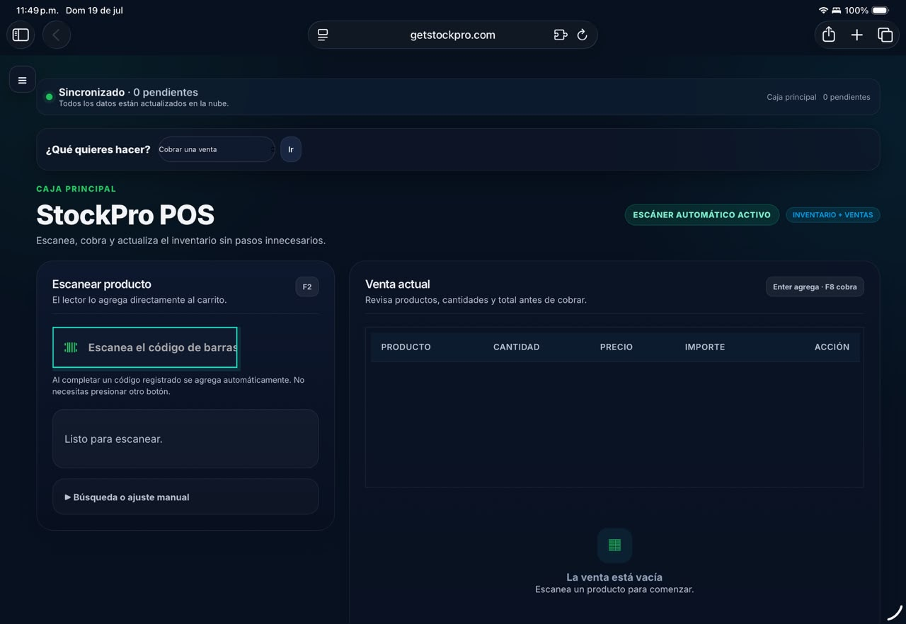 Caja POS real de StockPro en una tablet
